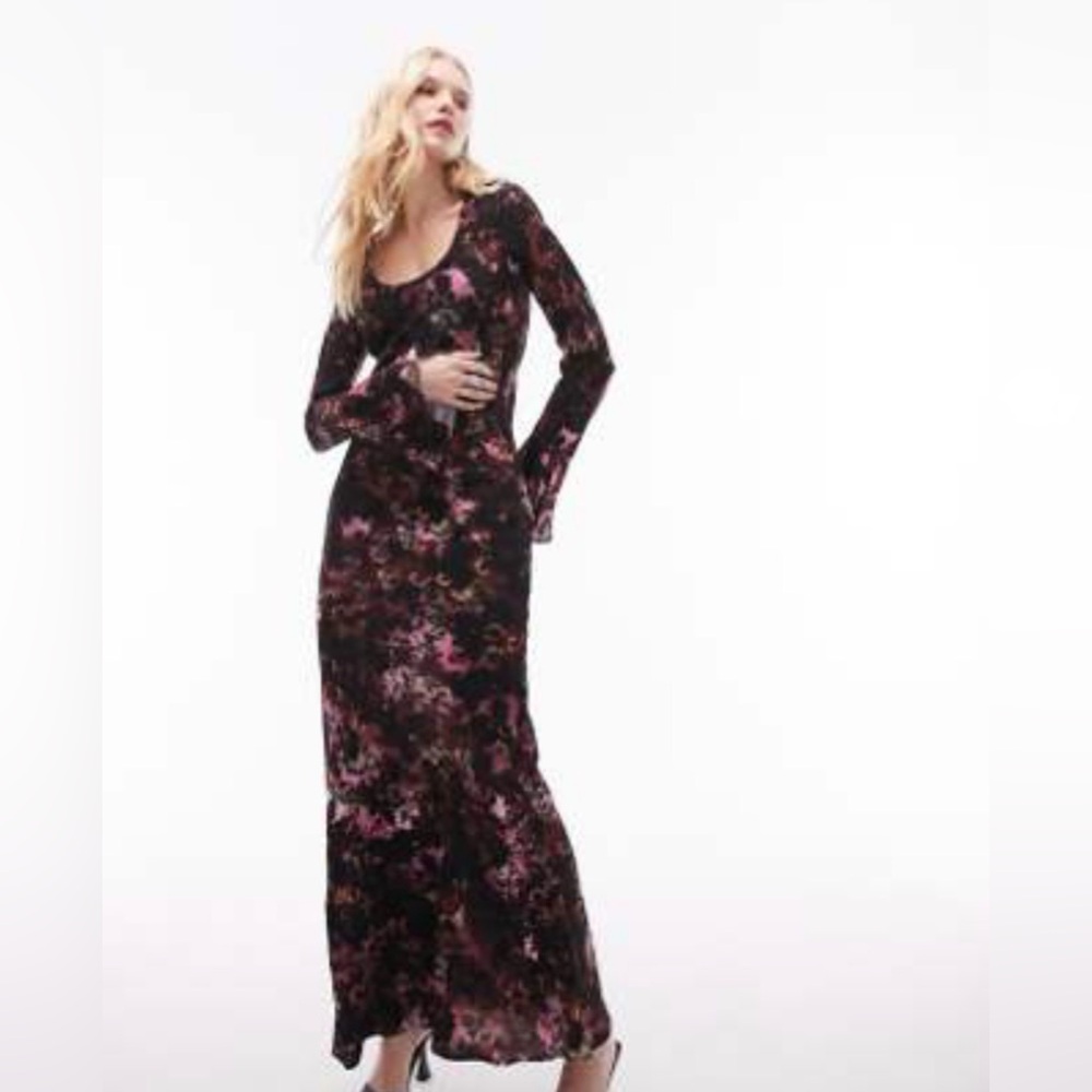 Topshop Black and Pink Floral Long Sleeve Dress